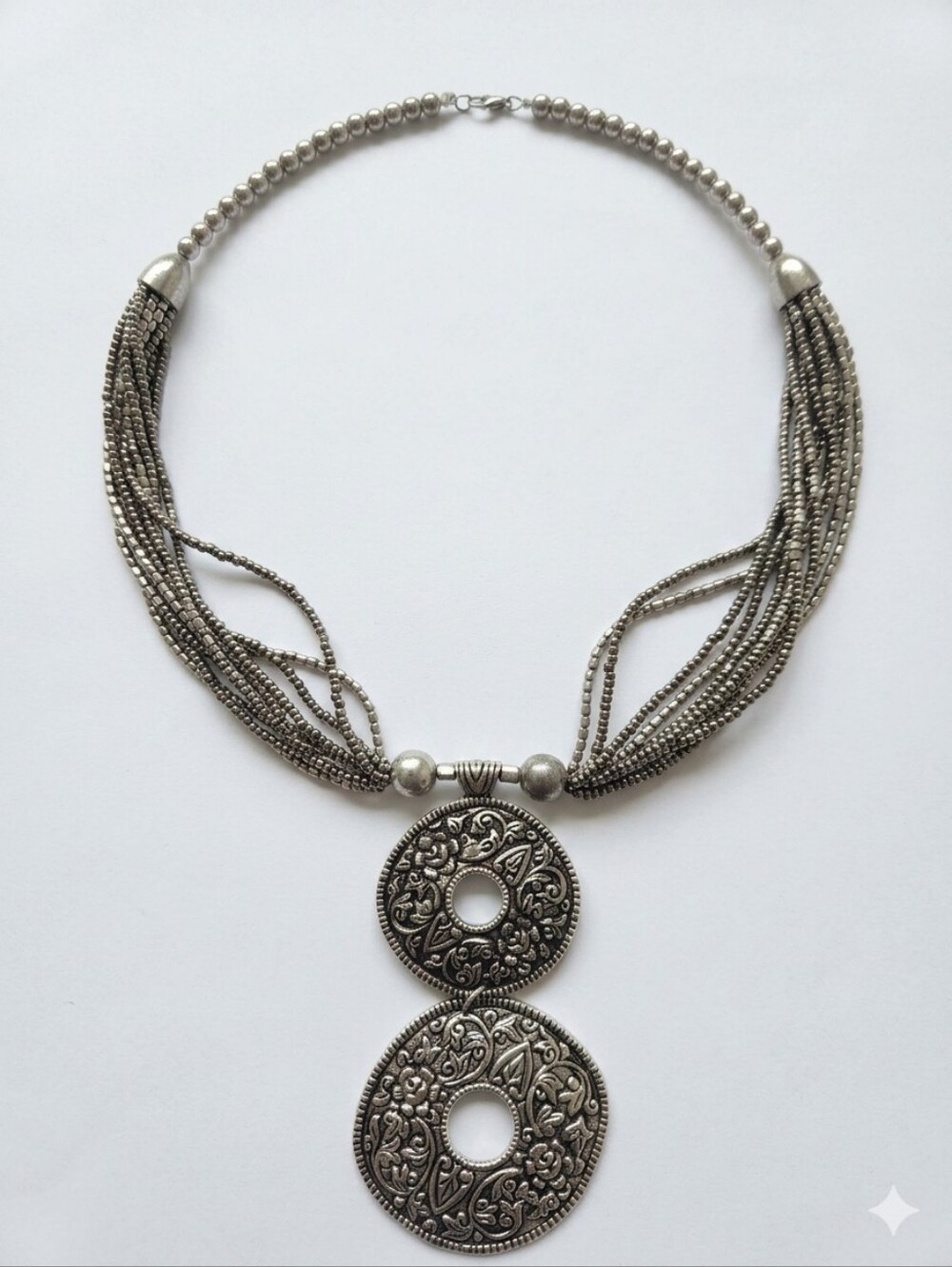 Silver-Tone Double Medallion Statement Necklace - Boho Women Jewelry